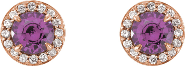 14K Gold Natural Amethyst Round 4-Prong Halo-Style Earrings – 3.5-5mm Stones - Rose Gold - view 2