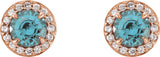 14K Gold Natural Aquamarine Round 4-Prong Halo-Style Earrings – 3.5-5mm Stones - Rose Gold - view 2