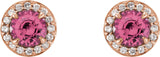 14K Gold Natural Pink Tourmaline Round 4-Prong Halo-Style Earrings – 3.5-5mm Stones - Rose Gold