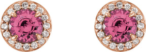 14K Gold Natural Pink Tourmaline Round 4-Prong Halo-Style Earrings – 3.5-5mm Stones - Rose Gold