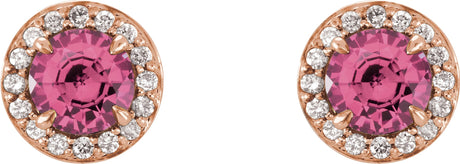 14K Gold Natural Pink Tourmaline Round 4-Prong Halo-Style Earrings – 3.5-5mm Stones - Rose Gold