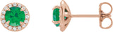 14K Gold Natural Emerald Round 4-Prong Halo-Style Earrings – 3.5-5mm Stones - Rose Gold