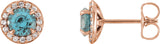 14K Gold Natural Blue Zircon Round 4-Prong Halo-Style Earrings – 3.5-5mm Stones - Rose Gold
