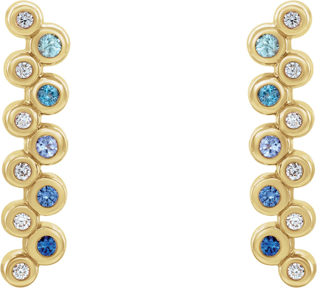14K Gold Round Natural Blue Multi-Gemstone Bezel-Set Bar Earrings - Yellow Gold