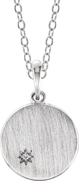 14K Gold Round Natural Diamond Engravable Starburst Necklace or Pendant - White Gold