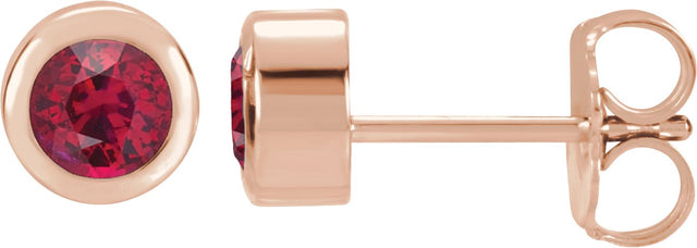 14K Gold Natural Ruby Round Bezel-Set Birthstone Stud Earrings - Rose Gold