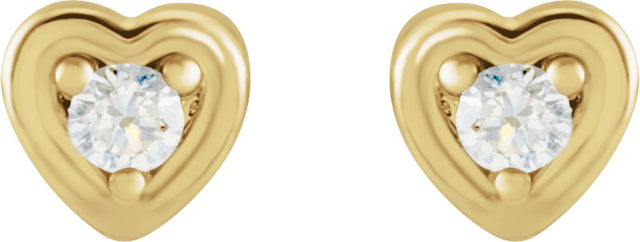 14K Gold Natural Diamond Round 3-Prong Youth Heart Earrings - Yellow Gold - view 2