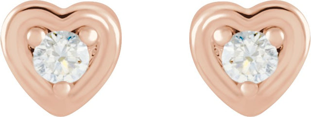 14K Gold Natural Diamond Round 3-Prong Youth Heart Earrings - Rose Gold - view 2