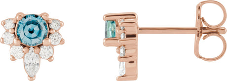 14K Gold Round Natural Aquamarine Accented Earrings - Rose Gold