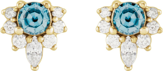14K Gold Round Natural Aquamarine Accented Earrings - Yellow Gold - view 2