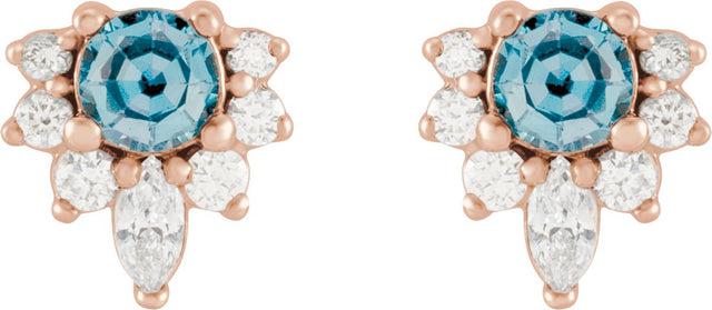 14K Gold Round Natural Aquamarine Accented Earrings - Rose Gold - view 2