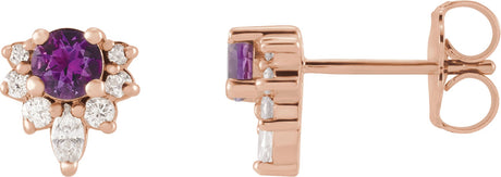 14K Gold Round Natural Amethyst Accented Earrings - Rose Gold