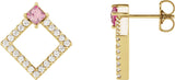 14K Gold Square Natural Pink Tourmaline Accented Geometric Earrings - Yellow Gold