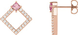 14K Gold Square Natural Pink Tourmaline Accented Geometric Earrings - Rose Gold