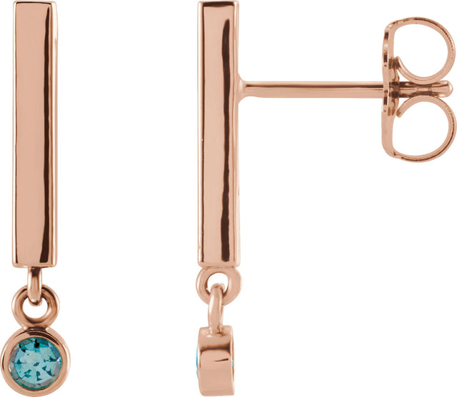 14K Gold Round Natural Aquamarine Bezel-Set Bar Earrings - Rose Gold