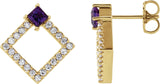 14K Gold Square Natural Amethyst Accented Geometric Earrings - Yellow Gold