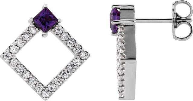 14K Gold Square Natural Amethyst Accented Geometric Earrings - White Gold