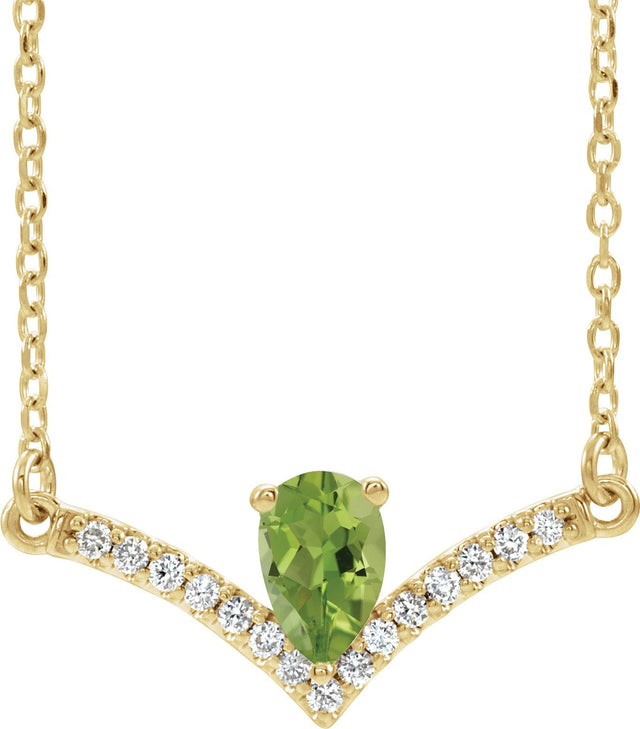 14K Gold Pear Natural Peridot Accented V Necklace - Yellow Gold