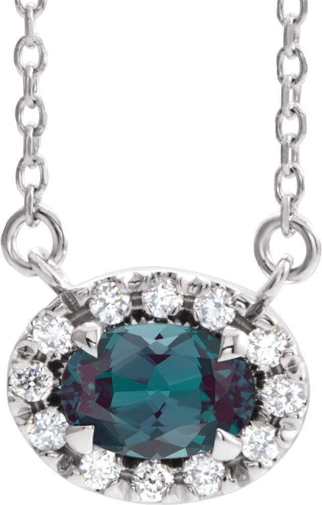 14K Gold Oval Lab-Grown Alexandrite French-Set Halo-Style Necklace - White Gold