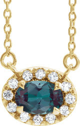 14K Gold Oval Lab-Grown Alexandrite French-Set Halo-Style Necklace - Yellow Gold