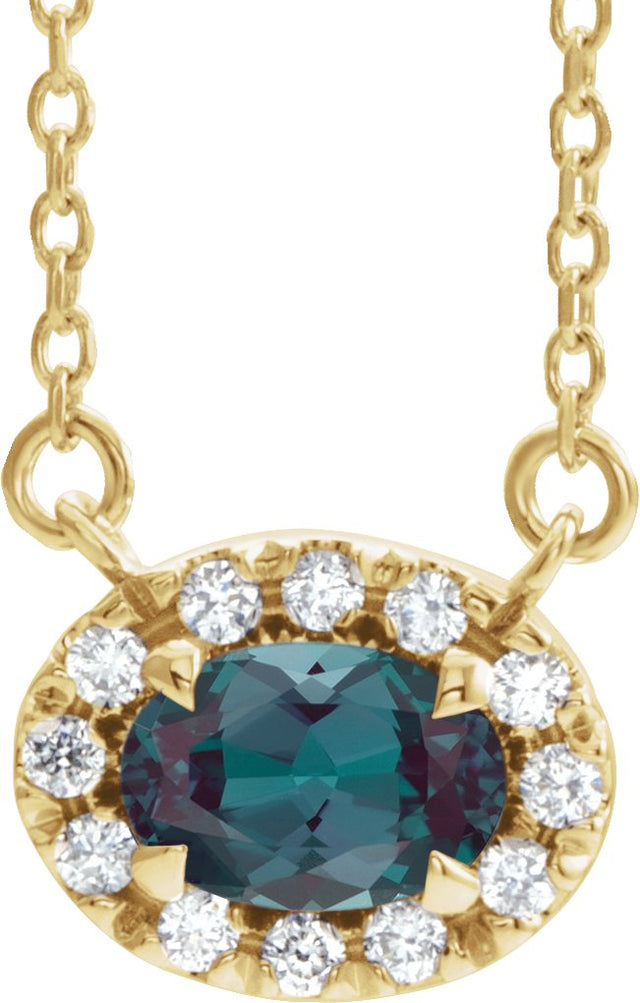 14K Gold Oval Lab-Grown Alexandrite French-Set Halo-Style Necklace - Yellow Gold