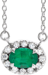 14K Gold Oval Lab-Grown Emerald French-Set Halo-Style Necklace - White Gold