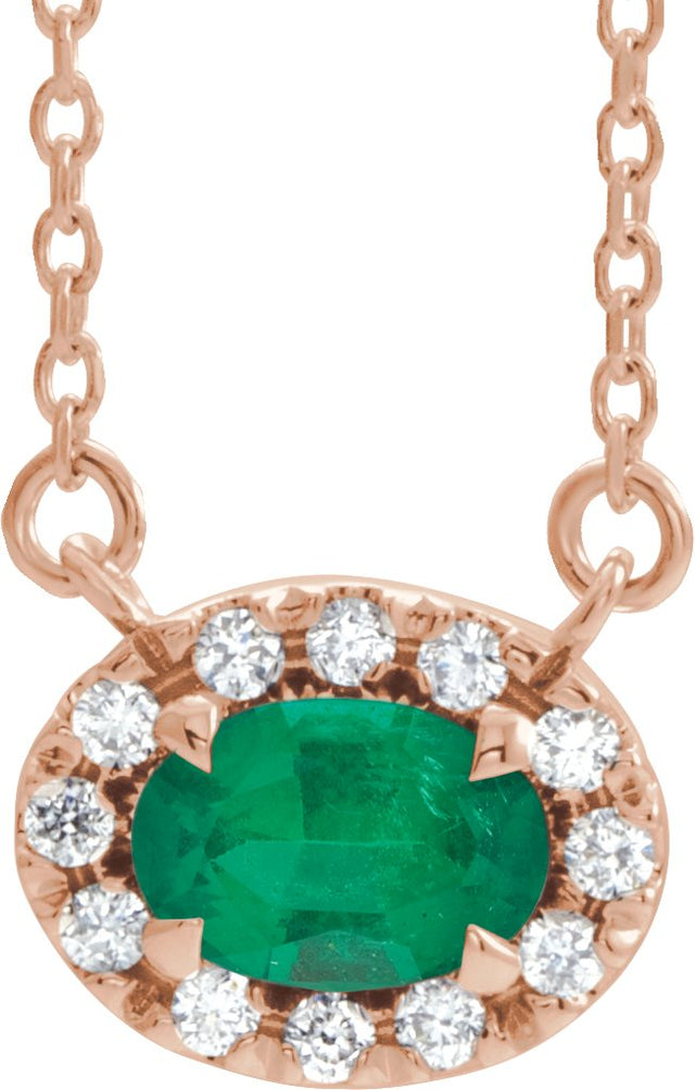 14K Gold Oval Natural Emerald French-Set Halo-Style Necklace - Rose Gold