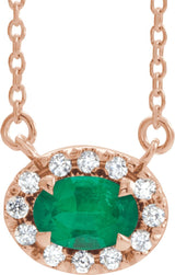 14K Gold Oval Lab-Grown Emerald French-Set Halo-Style Necklace - Rose Gold