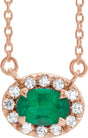 14K Gold Oval Lab-Grown Emerald French-Set Halo-Style Necklace - Rose Gold
