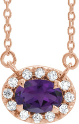 14K Gold Oval Natural Amethyst French-Set Halo-Style Necklace - Rose Gold