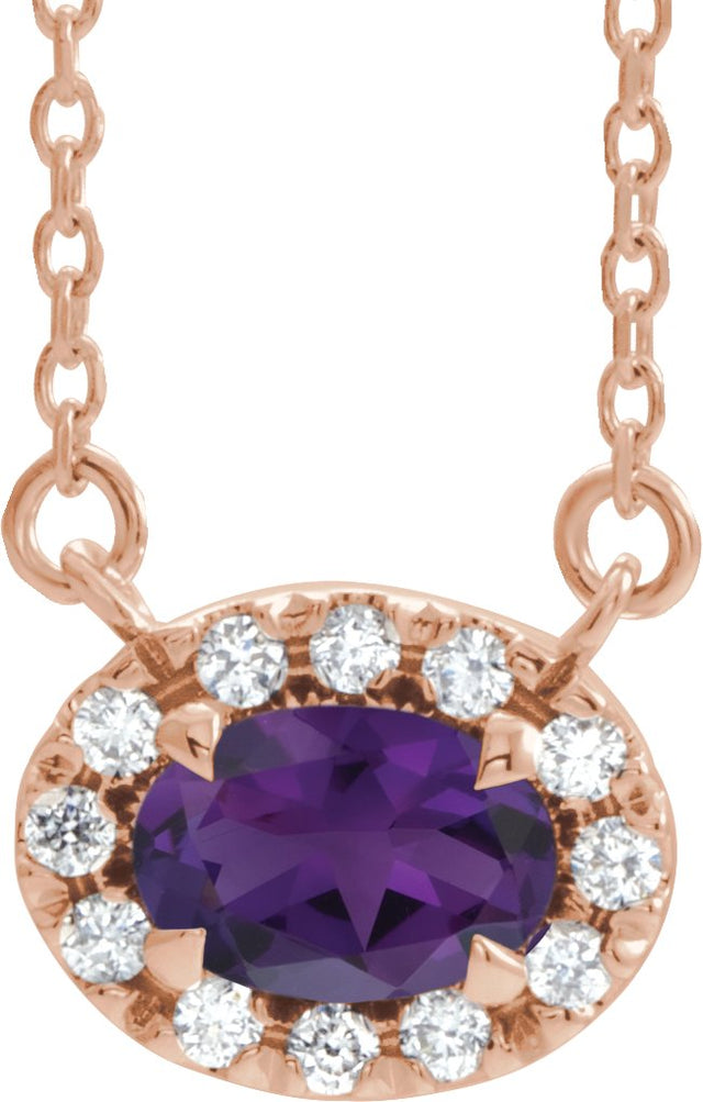 14K Gold Oval Natural Amethyst French-Set Halo-Style Necklace - Rose Gold