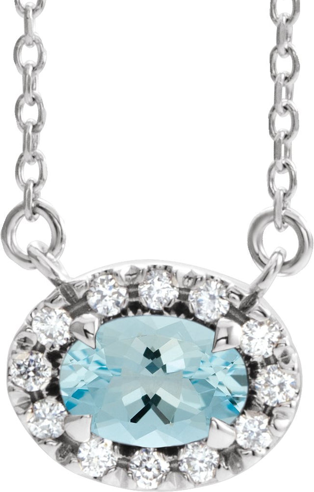 14K Gold Oval Natural Aquamarine French-Set Halo-Style Necklace - White Gold