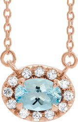 14K Gold Oval Natural Aquamarine French-Set Halo-Style Necklace - Rose Gold