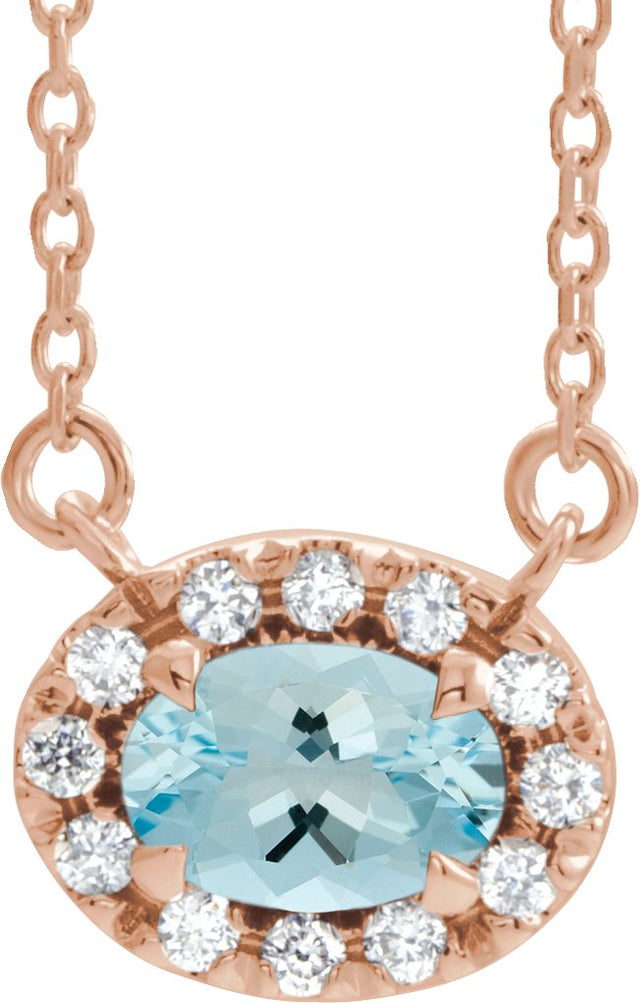 14K Gold Oval Natural Aquamarine French-Set Halo-Style Necklace - Rose Gold