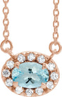 14K Gold Oval Natural Aquamarine French-Set Halo-Style Necklace - Rose Gold
