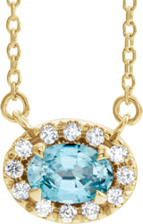 14K Gold Oval Natural Blue Zircon French-Set Halo-Style Necklace - Yellow Gold
