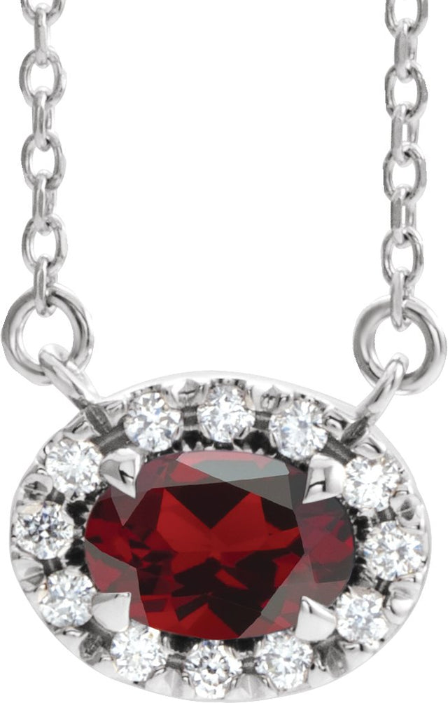 14K Gold Oval Natural Mozambique Garnet French-Set Halo-Style Necklace - White Gold