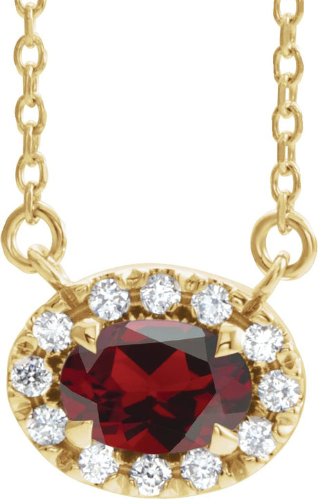 14K Gold Oval Natural Mozambique Garnet French-Set Halo-Style Necklace - Yellow Gold
