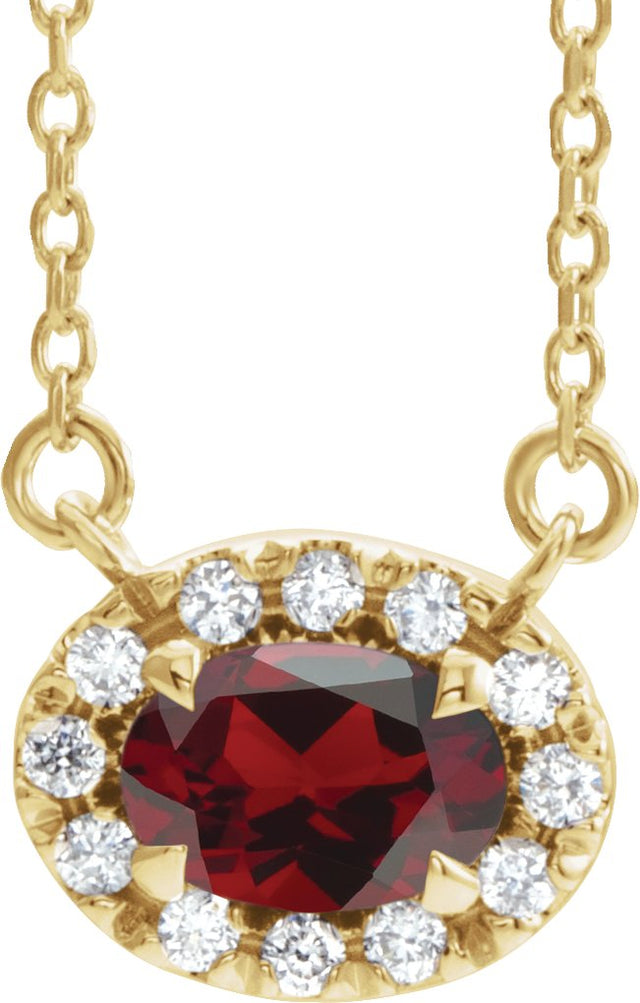 14K Gold Oval Natural Mozambique Garnet French-Set Halo-Style Necklace - Yellow Gold