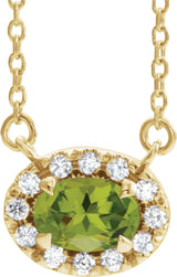 14K Gold Oval Natural Peridot French-Set Halo-Style Necklace - Yellow Gold