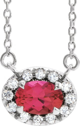 Platinum Oval Lab-Grown Ruby French-Set Halo-Style Necklace