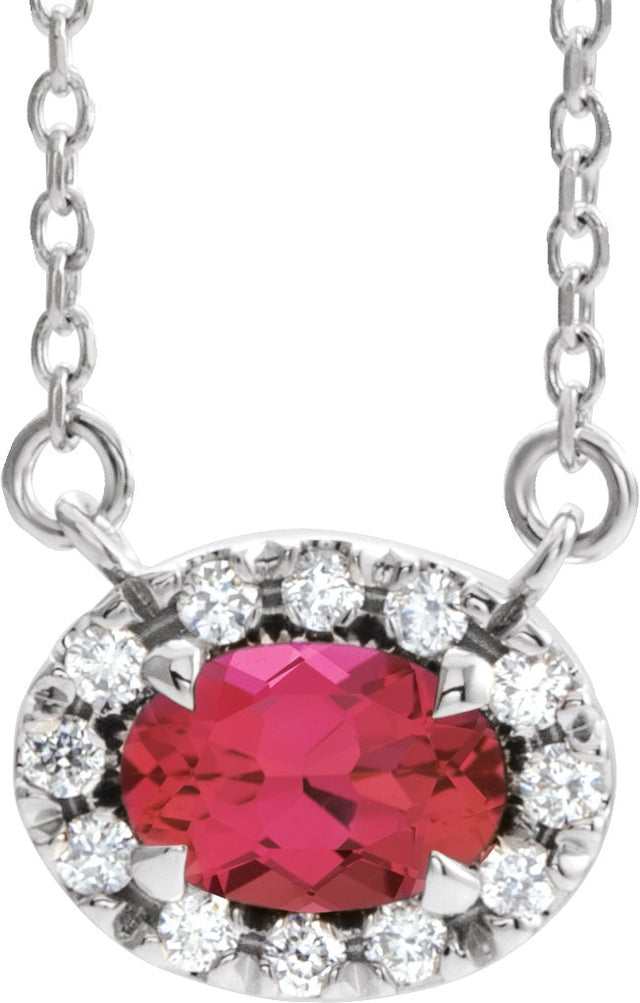 14K Gold Oval Lab-Grown Ruby French-Set Halo-Style Necklace - White Gold