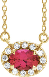 14K Gold Oval Lab-Grown Ruby French-Set Halo-Style Necklace - Yellow Gold