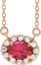 14K Gold Oval Natural Ruby French-Set Halo-Style Necklace - Rose Gold