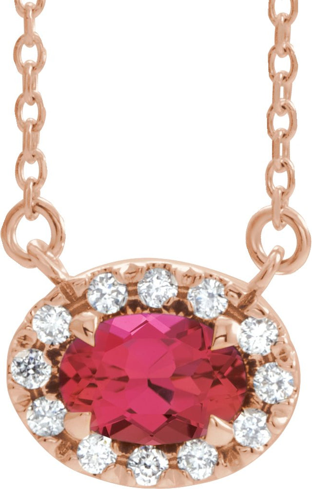 14K Gold Oval Natural Ruby French-Set Halo-Style Necklace - Rose Gold