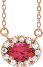 14K Gold Oval Natural Ruby French-Set Halo-Style Necklace - Rose Gold