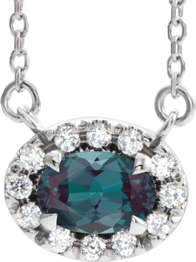 14K Gold Oval Lab-Grown Alexandrite French-Set Halo-Style Necklace - White Gold
