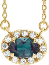 14K Gold Oval Lab-Grown Alexandrite French-Set Halo-Style Necklace - Yellow Gold