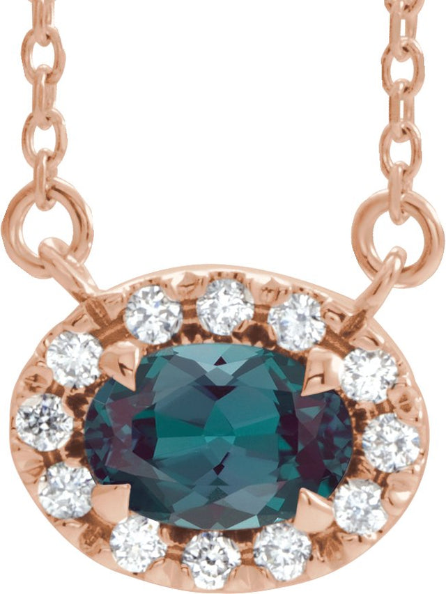 14K Gold Oval Lab-Grown Alexandrite French-Set Halo-Style Necklace - Rose Gold