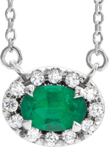 14K Gold Oval Lab-Grown Emerald French-Set Halo-Style Necklace - White Gold